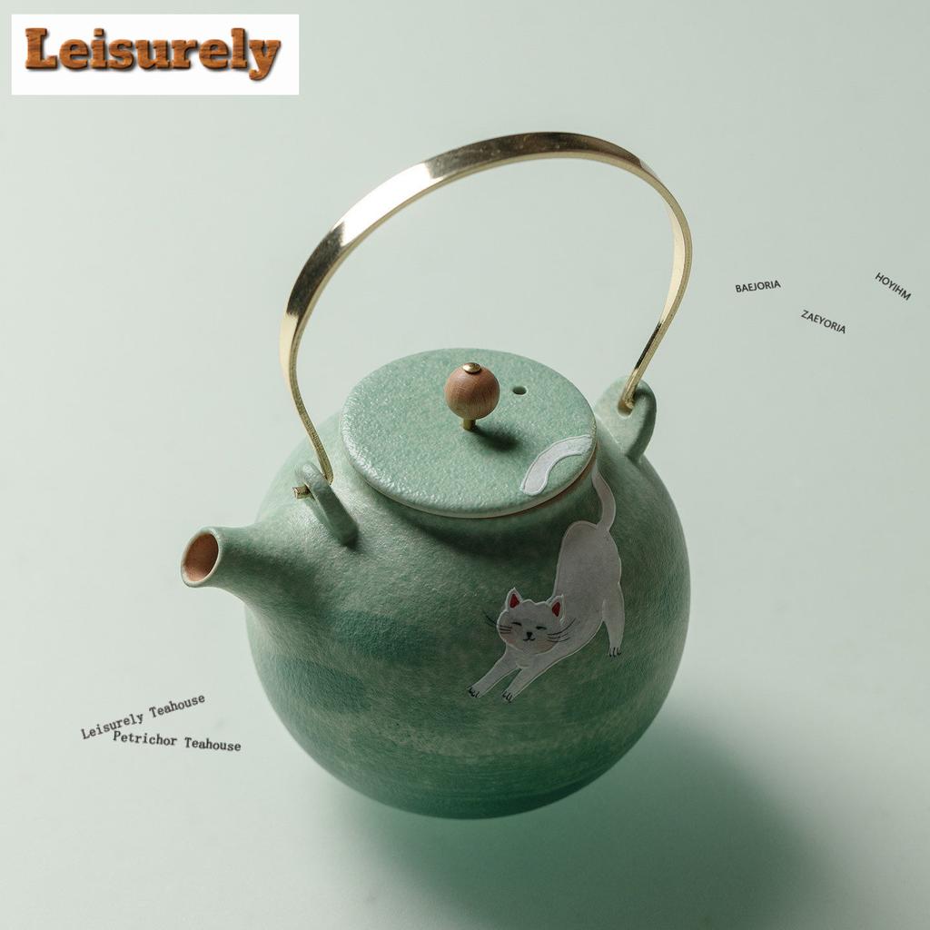 111ml Green Hand-painted Cat Teapot Luxury Tea Infuser Pot Tea Maker Kettle With Ball Hole Chinese Tea Set Accessories Ornaments