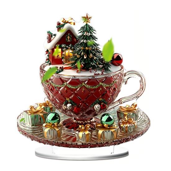 Office Desk Xmas Ornament Cartoon Christmas Coffee Cup House Ornaments, 2D Acrylic Tree Tabletop Unique Holiday Keepsake Decor, Mini Home Decor