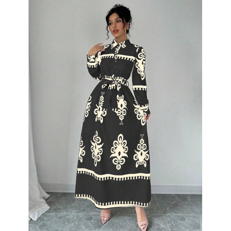 Live Shot 2025 European and American Fashion Long Sleeve Waist-Gathering Print Shirt Dress