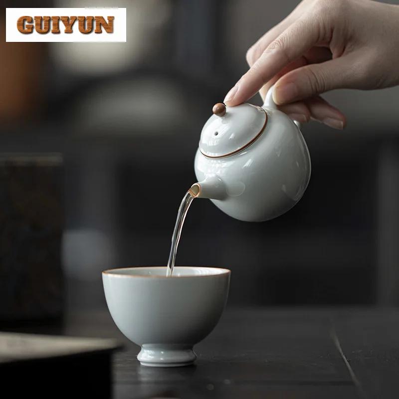 110ml Antique Azure Glazed Ceramic Teapot Handmade Small Pot Tea Brewing Kettle with Filter Tieguanyin Chinese Tea Set Craft
