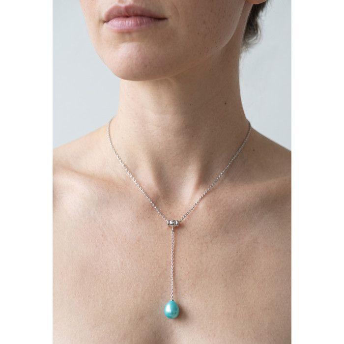 Collier Cravate - Pearls & Colors - Perle d'Eau Douce AAA+ 9-10 mm - Bleu Turquoise - Argent 925