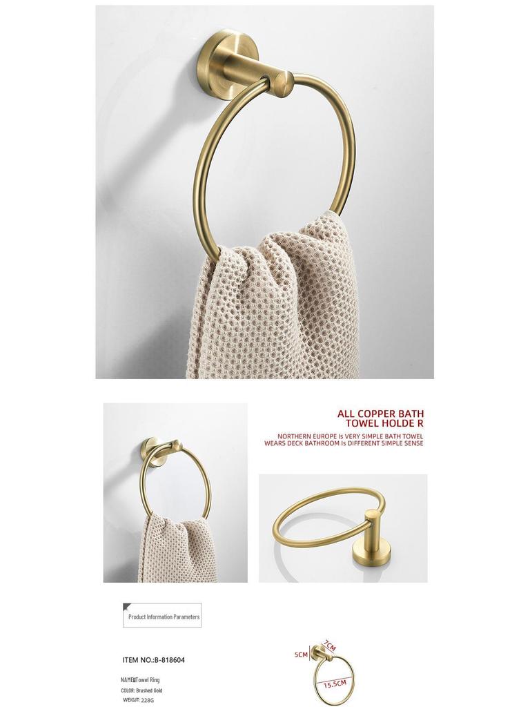 Gold Brushed Stainless Steel Bathroom Set: Towel Rack, Toilet Paper Holder, Storage Shelf, Clothes Hook, No Drill.