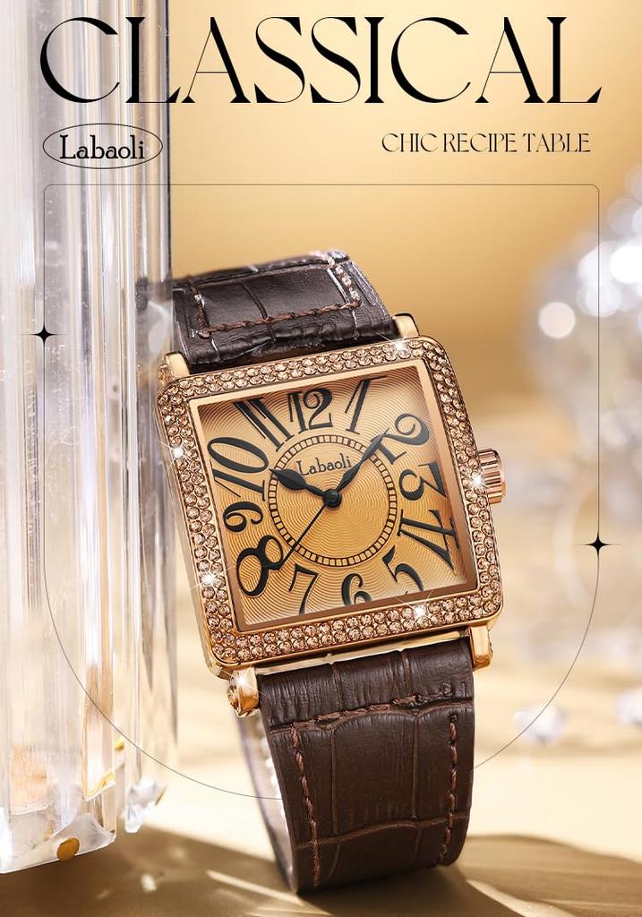 Square Wristwatch with Leather Strap and Big Gift Women's Diamonds, Face, Stylish, Waterproof, Simple, Business, Casual, Luxury, Brown,