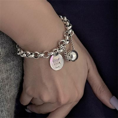 Silver Color Good Luck Letter Plate Pendant Bracelets For Women Vintage Geometric Round Ball Charm Bracelet Punk Party Jewelry