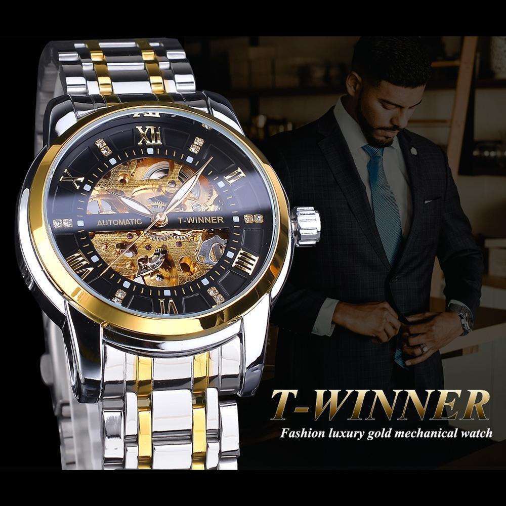 Winner Neue Top Business Style Skelett Automatische Mechanische Uhr Herren Diamant Mosaik Uhr Römisches Zifferblatt