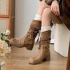 Cowhide Version~ Thick-soled Boots Female Waste Retro Style Knight Boots Genuine Leather Matte Fringed Hemp Rope Thick Heel Medium Boots