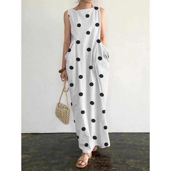 Shipped, European and American summer new women's clothing long dress polka dot printing pocket loose dress