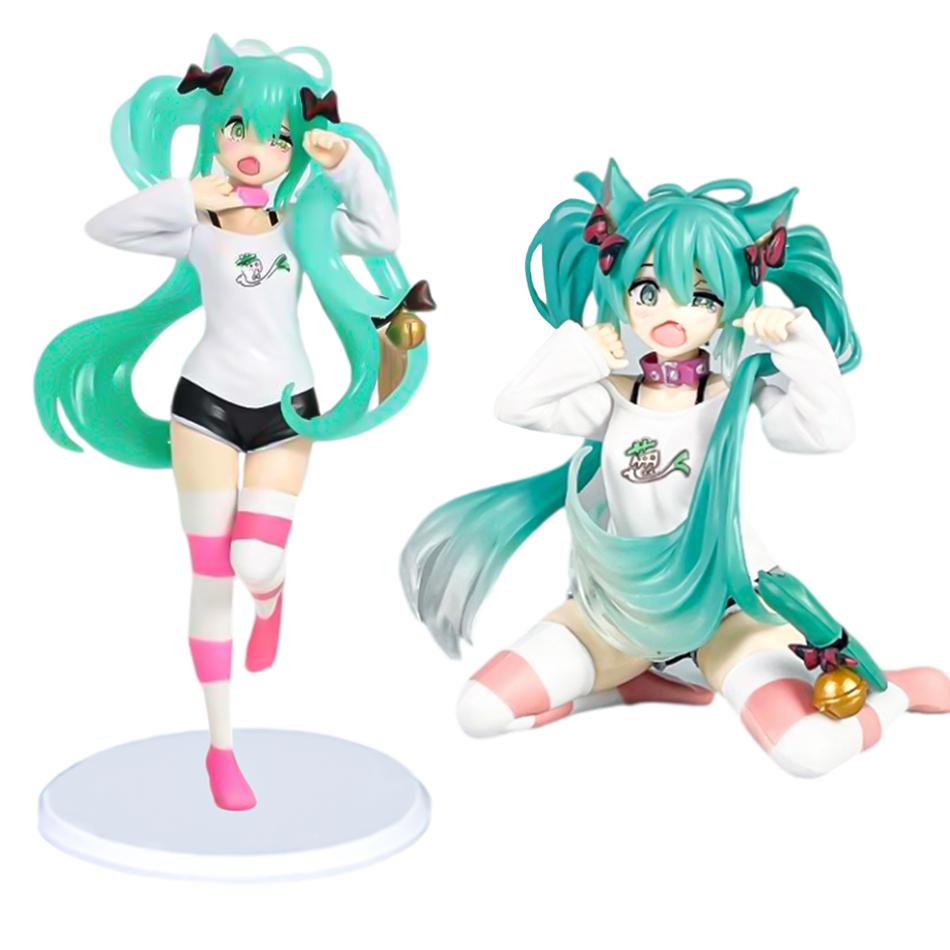 Hatsune Miku Model Anime Girl Figures Cat Ear Sitting Posture Short Sleeved Pajamas Figurines Car Decoration Doll Kids Toys Gift