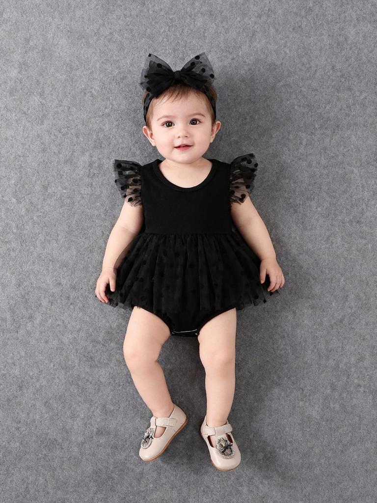 Baby Girl Cute Polka Dot Snow Fly Sleeve Mesh Skirt Black Triangle Jumpsuit