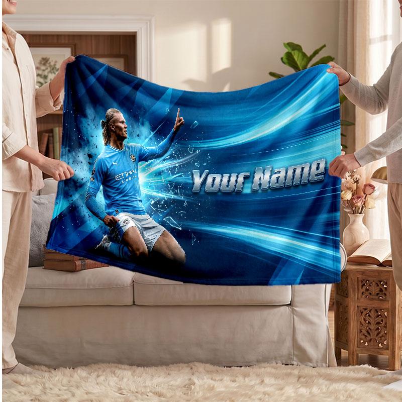 Erling Haaland Personalized Fleece Blanket With Football Logo, Custom Name Text Soft Warm Home Throw Blanket