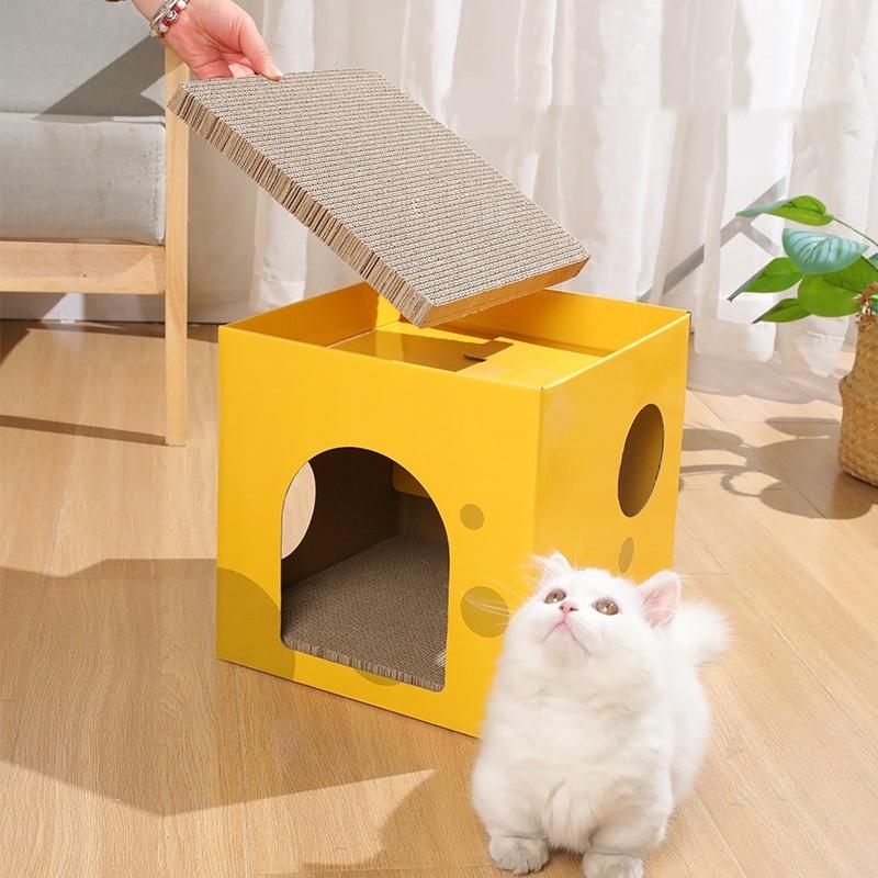2-Layer Foldable Cardboard Cat House Fun Cheese Design Breathable Sturdy Scratching Post Cat Beds for Sleeping And Playing