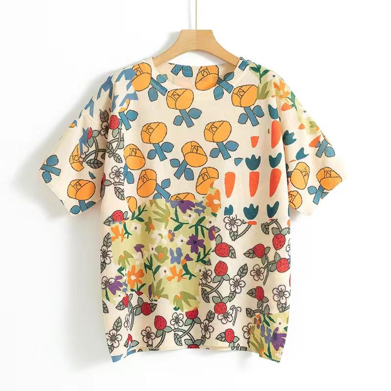 Dámské ležérní pletené topy do O s krátkým rukávem jarní pletené svetry s květinovým potiskem dámské prodyšné triko