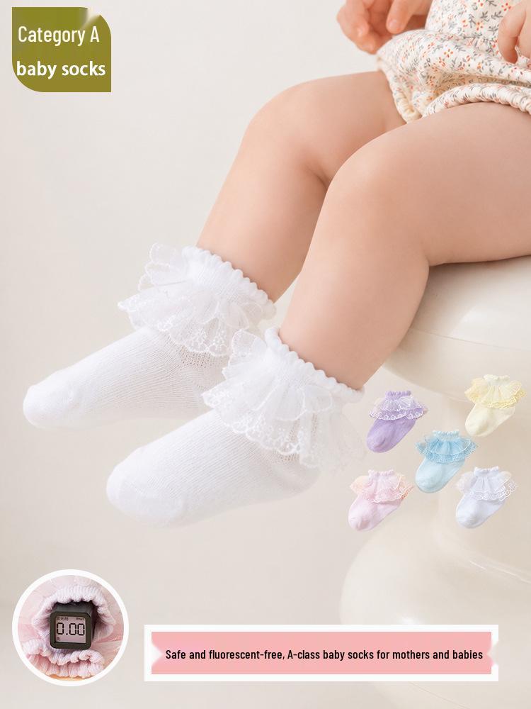 26 New Spring/Autumn Breathable Lace Trim Mid-Calf Socks for Girls
