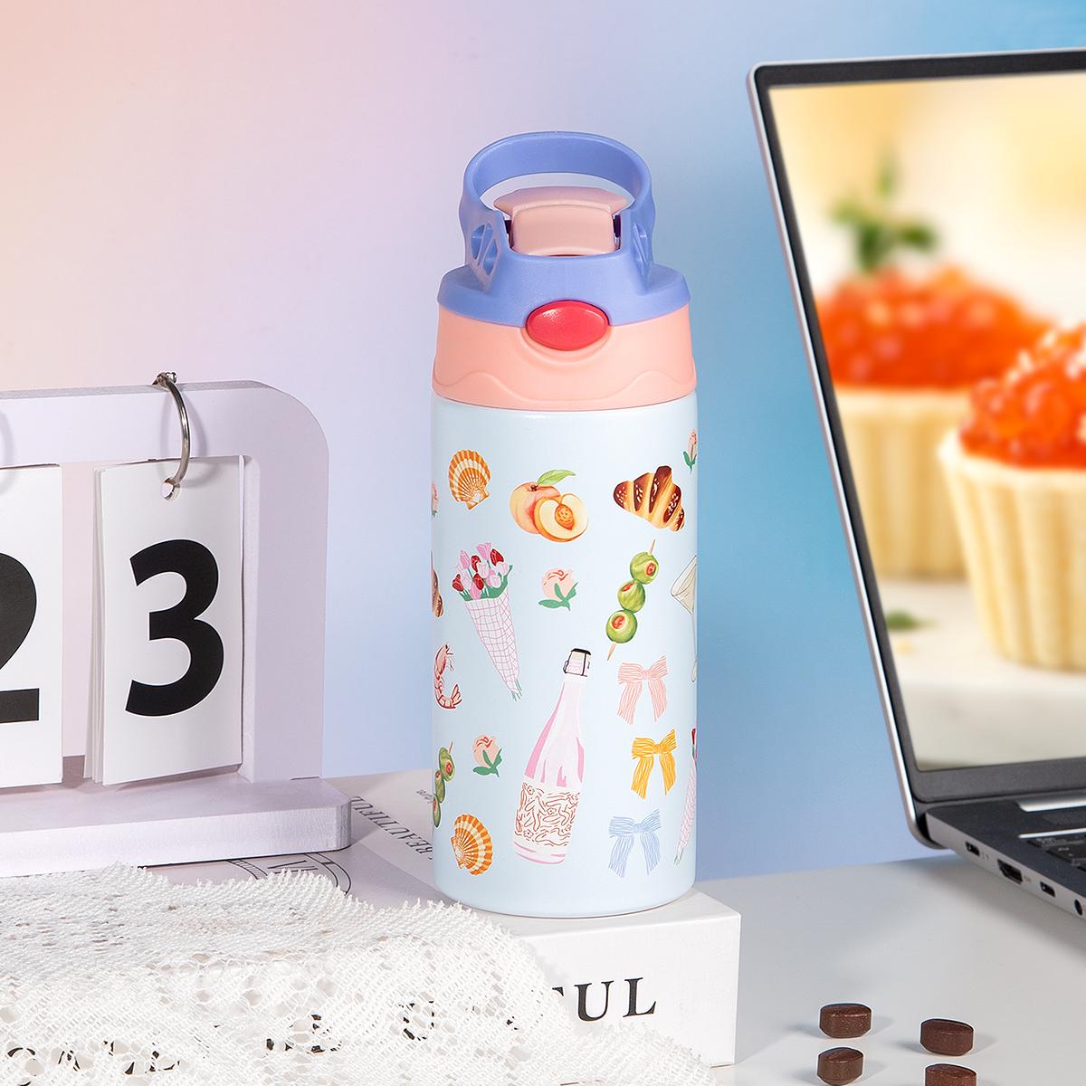 

350ml Cartoon Stainless Steel Water Bottle With Handle Outdoor Portable Handheld Cup Tulip Kitten And Picnic Pattern Straw Cups 350ML