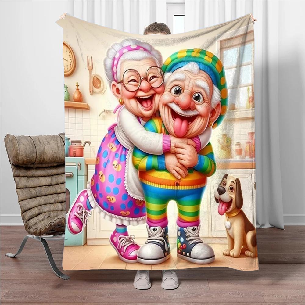 Cartoon-Opa und -Oma Flanelldecke Weich Warm Halten Überwurfdecke Decke Für Sofa Bett Büro Camping Reisen Geschenke