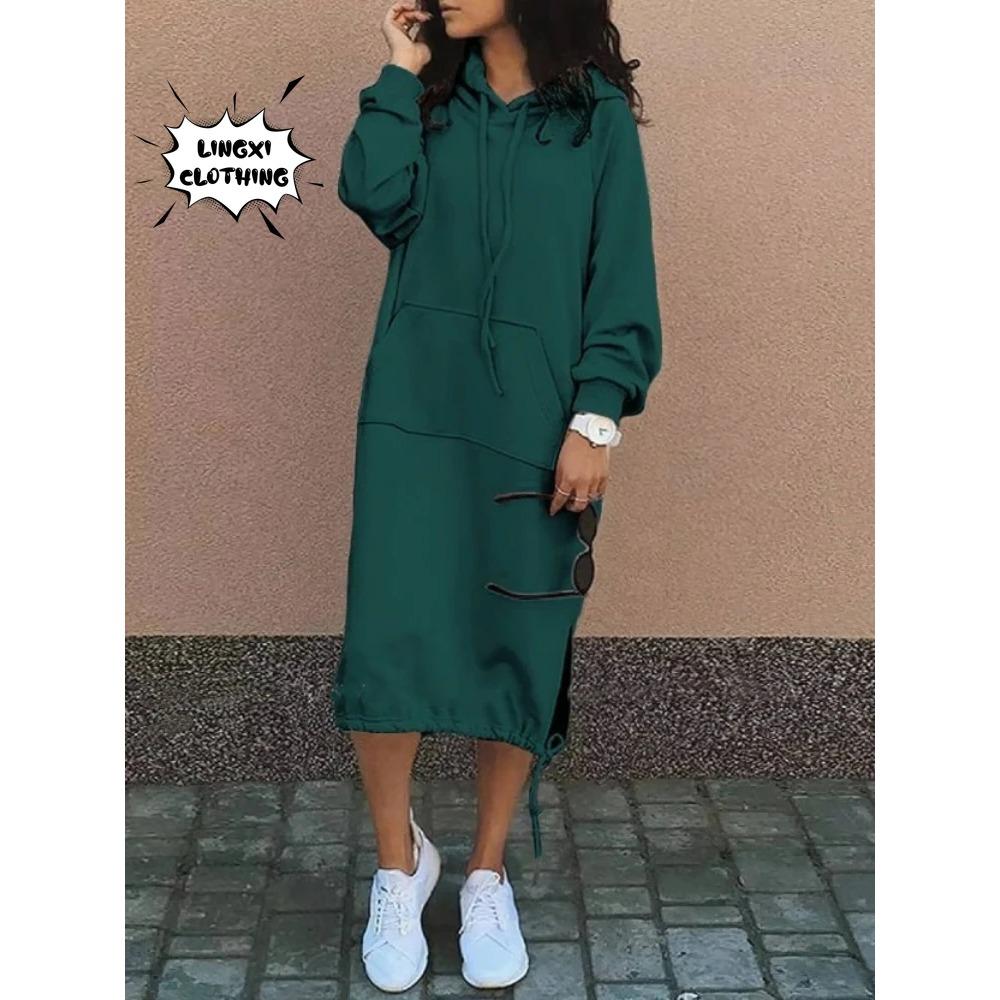 Autumn and Winter Fashion New Women's Sweater Robe Large Hooded Elegant Pocket Split Warm Hoodie Long Dress
