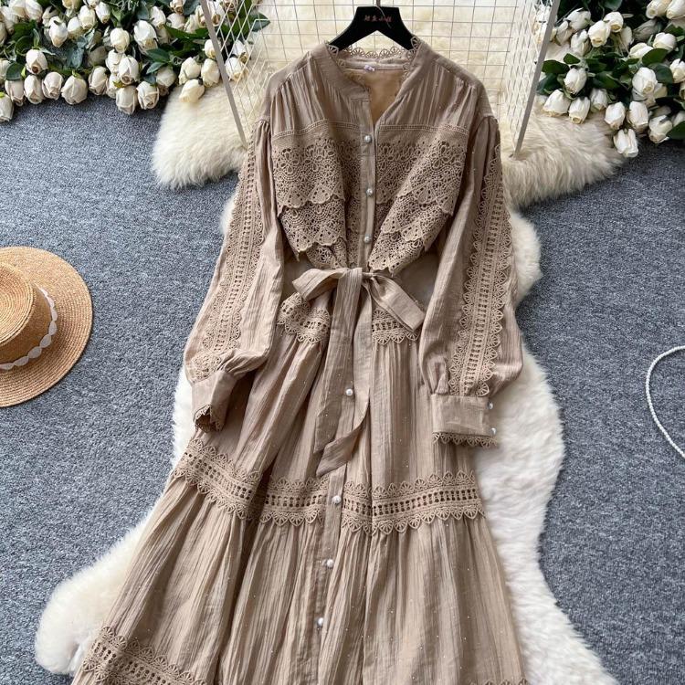 Sexy Vintage Lace Lace Up Glitter A Line Long Sleeve Beach Dress Chic Summer Vacation Vestidos for Women