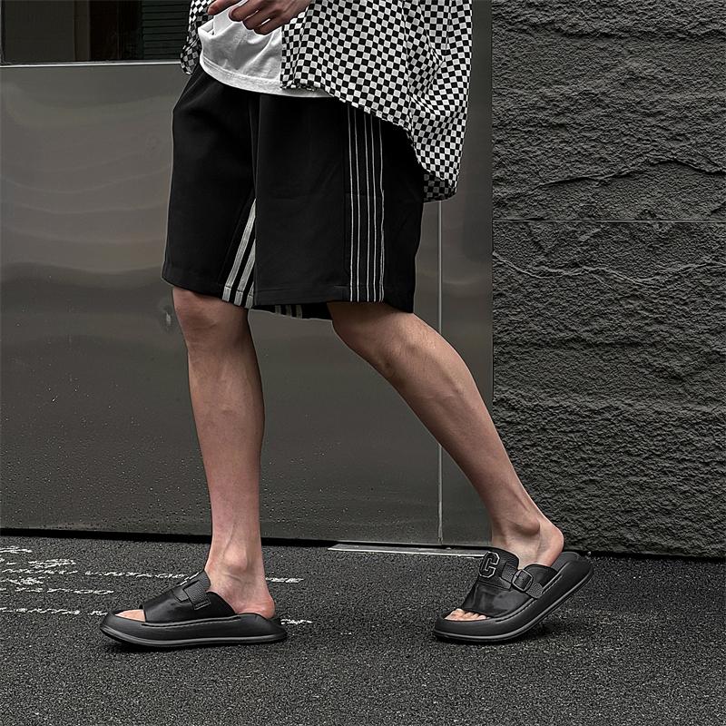 Fashion High Quality Luxury Men's Half Drag Summer Leather Slippers Cool Breathable Anti-Slip Flats Outdoor Trendy Beach Walking Shoes