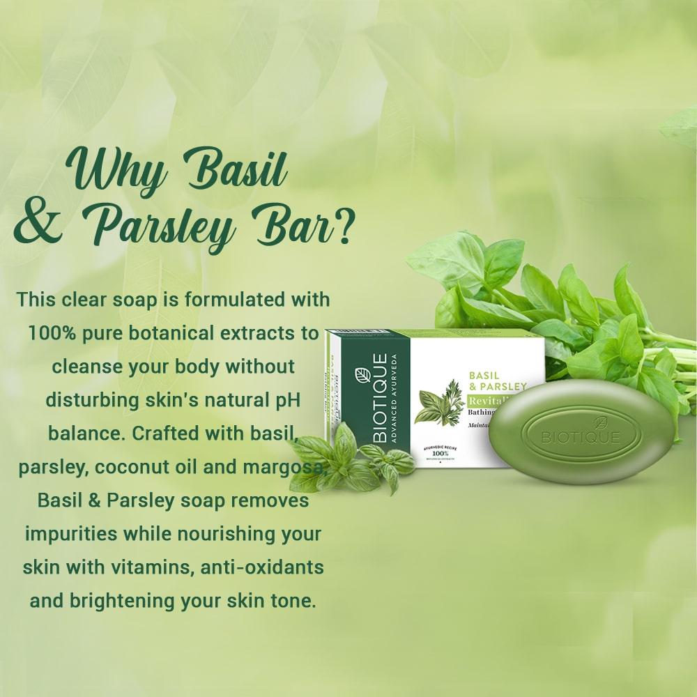 Biotique Basil Parsley Ayurvedic Soap Bar 150g | pH Balanced Skin Revitalization | 100% Botanical Extracts | All Skin Types