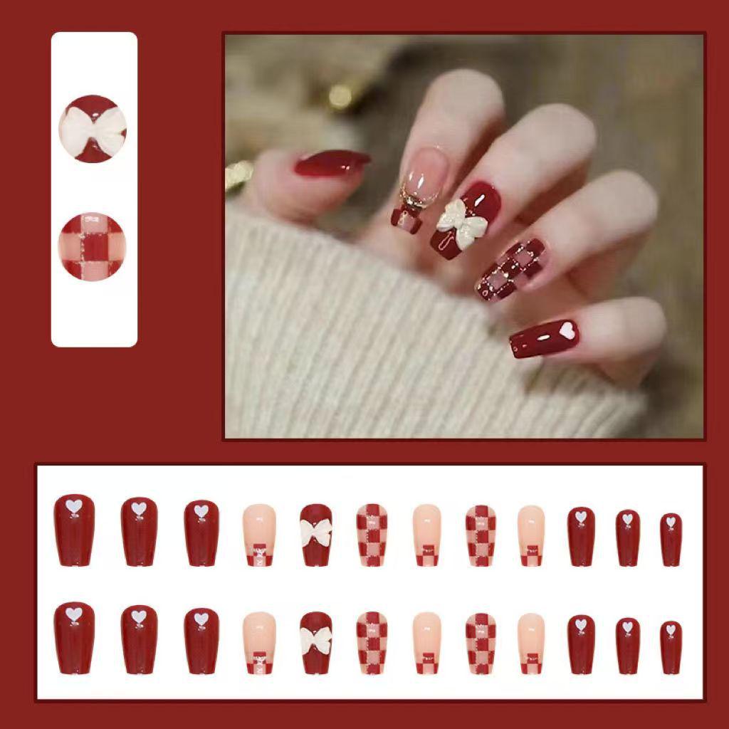 

Burgundy Checkered Removable Nail Art Patches with Gold Powder - High-End Whitening Wearable Nails Glue Version
