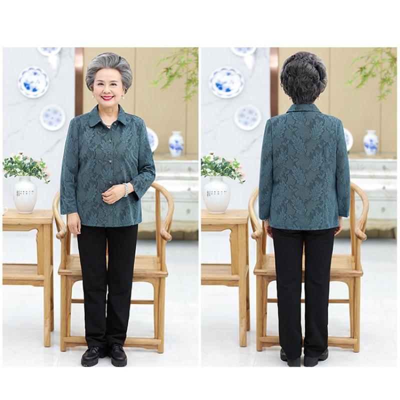 Spring and Autumn Shirts for Middle-aged and Elderly Women with Lapels and Old Ladies' Tops Long-sleeved Shirts