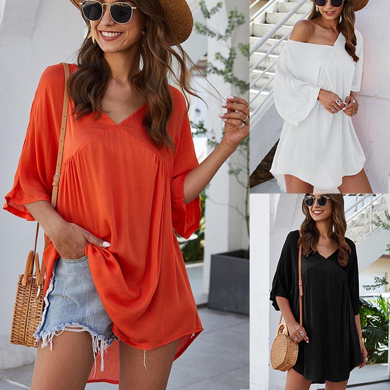 Women Casual V-neck Dress Solid Color 
