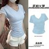 Pure Desire Sexy V-neck Low-cut Waist Short-sleeved T-shirt for Women's Summer Sexy Babes Solid Color Slim-fit Bottoming Top for Women