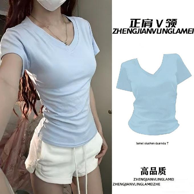 Pure Desire Sexy V-neck Low-cut Waist Short-sleeved T-shirt for Women's Summer Sexy Babes Solid Color Slim-fit Bottoming Top for Women