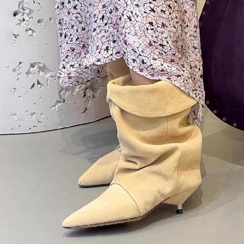 Mode Liyke Svart Aprikos Mocka Låg Kittenklack Westernstövlar Kvinna Spetsig Tå Slip On Plisserad Ankelstövel Damer Party Pumps Skor