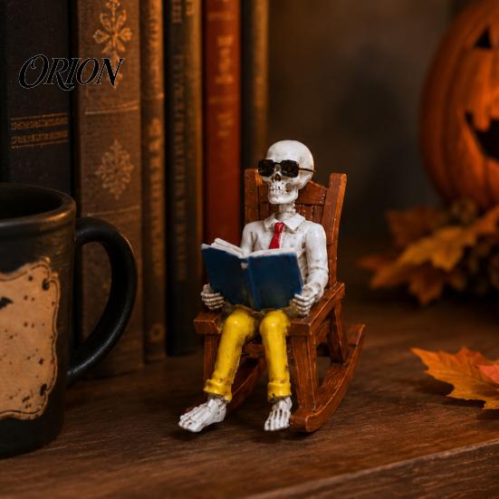 Durable Resin Skeleton Ornament Halloween Figurine, Sitting On Rocking Chair Statue, Drinking Hand Carved Coffee Crocheting Reading Tabletop