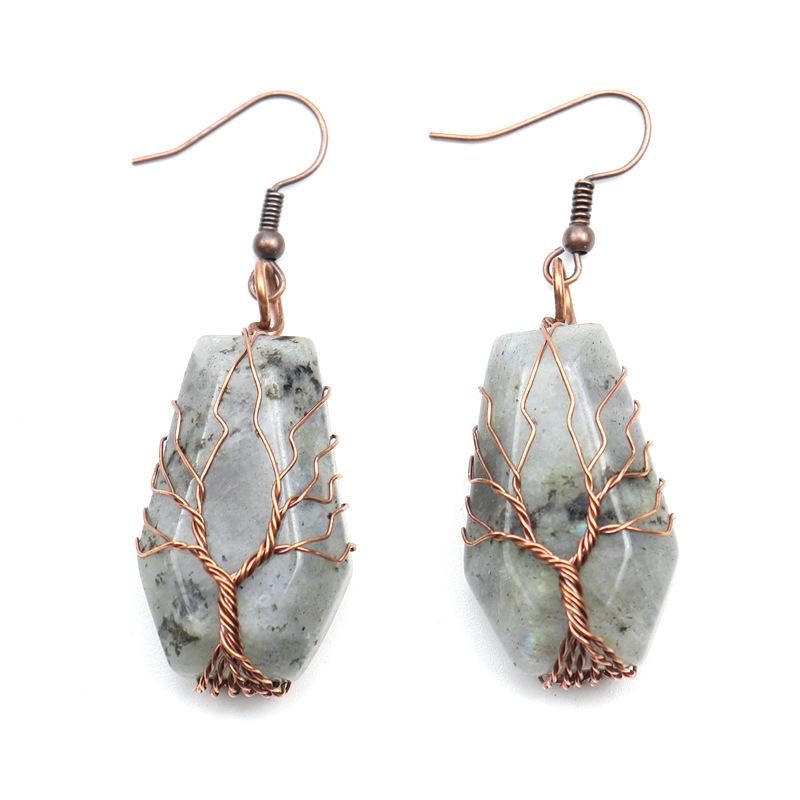 

Hand-Wound Tree Of Life Natural Stone Crystal Agate Coffin Board Bafanglai Earrings Earrings E22
