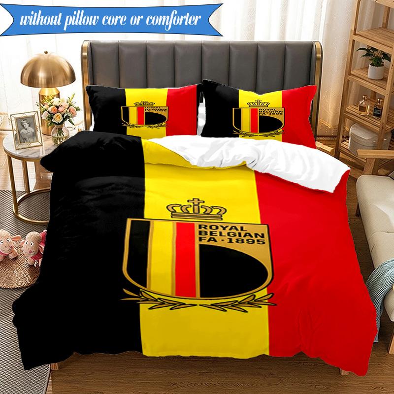 3PCS Belgium Football Crest Emblem Bedding Set 2D Printing (Includes 1 Duvet Cover + 2 Pillowcases Coreless), Bedroom decor,Fan gift
