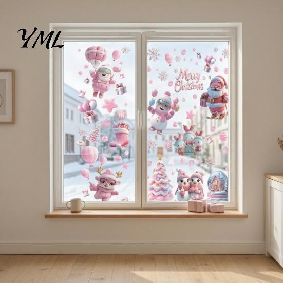Reusable Christmas Decorations 9Pcs Pink Static Window Clings, Santa Snowman Bunny Penguin Glass Claus Decor Decals, Xmas Stickers, Holiday