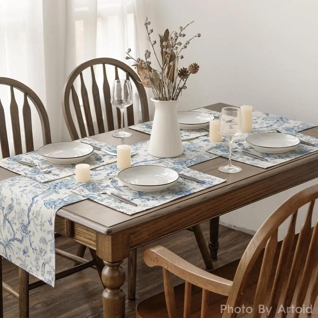 1PC Artoid Mode Bird Floral Leaves Chinoiserie Placemats Branches Spring Table Mats for Party Kitchen Dining Decoration