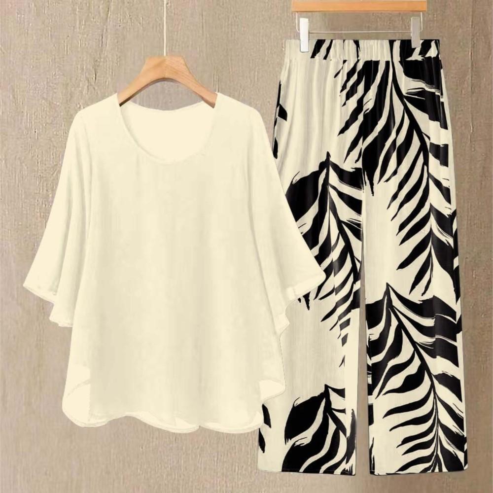 Spring Casual O Neck Women's Long-sleeved Chiffon Top Suit Fashion Elegant Loose Vacation Female Printed Trousers 2piece Set
