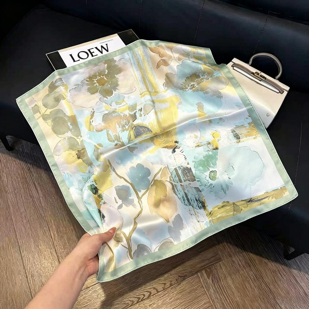 Sen green flower print fresh imitation silk scarf premium versatile square scarf neck protection scarf trendy headscarf scarf women