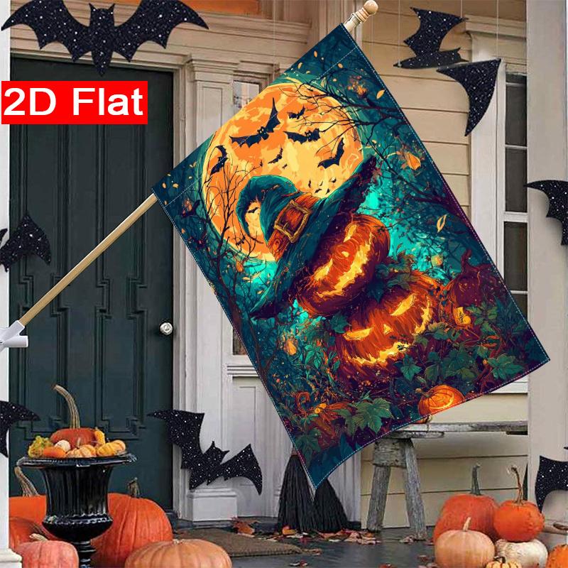 2D Flat - 2D Flat, Halloween Pumpkin Lantern Bat Garden Flag X 2 (2) Outdoor Garden Flag Double-Sided Home Decoration Courtyard Decoration Outdoor De