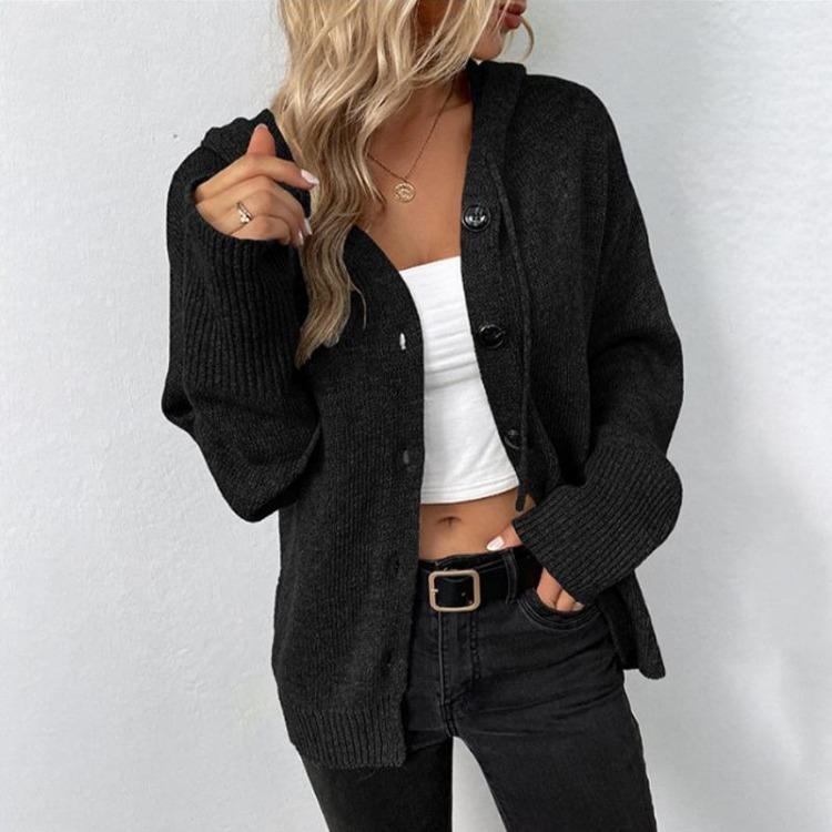 Women's Hooded Jacket with Solid Color Knitted Cardigan Drawstring