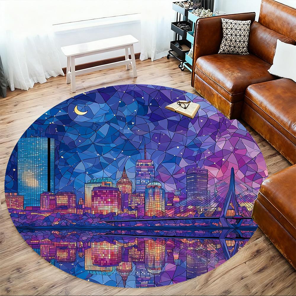 1pc Cityscape Nighttime Pattern Office Round Rugs, Under Chair Round Rugs for Living Room, Bedroom, Bathroom Decoration Carpet 091815