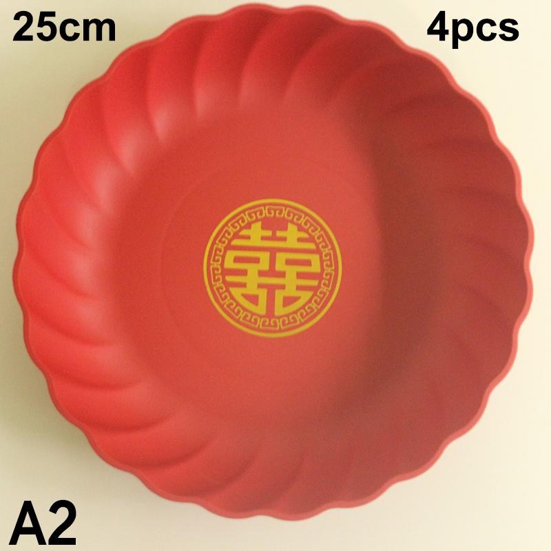 4Pcs Red Wedding Snack Tray Round Plastic Chinese  Year Nut Fruit Plate Chinese Thickened Serving Tray Entertainment