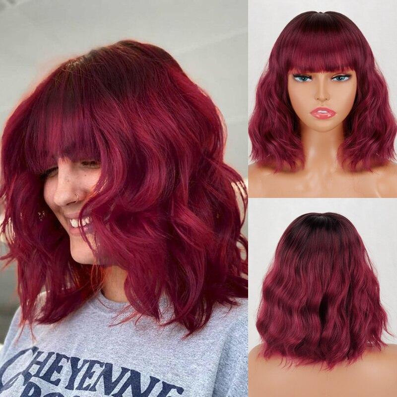 MISSQUEEN Modische lange gewellte Perücke für Damen ohne Pony, synthetische Faser, lange natürliche Welle, Rotwein-Perücke für den Alltag