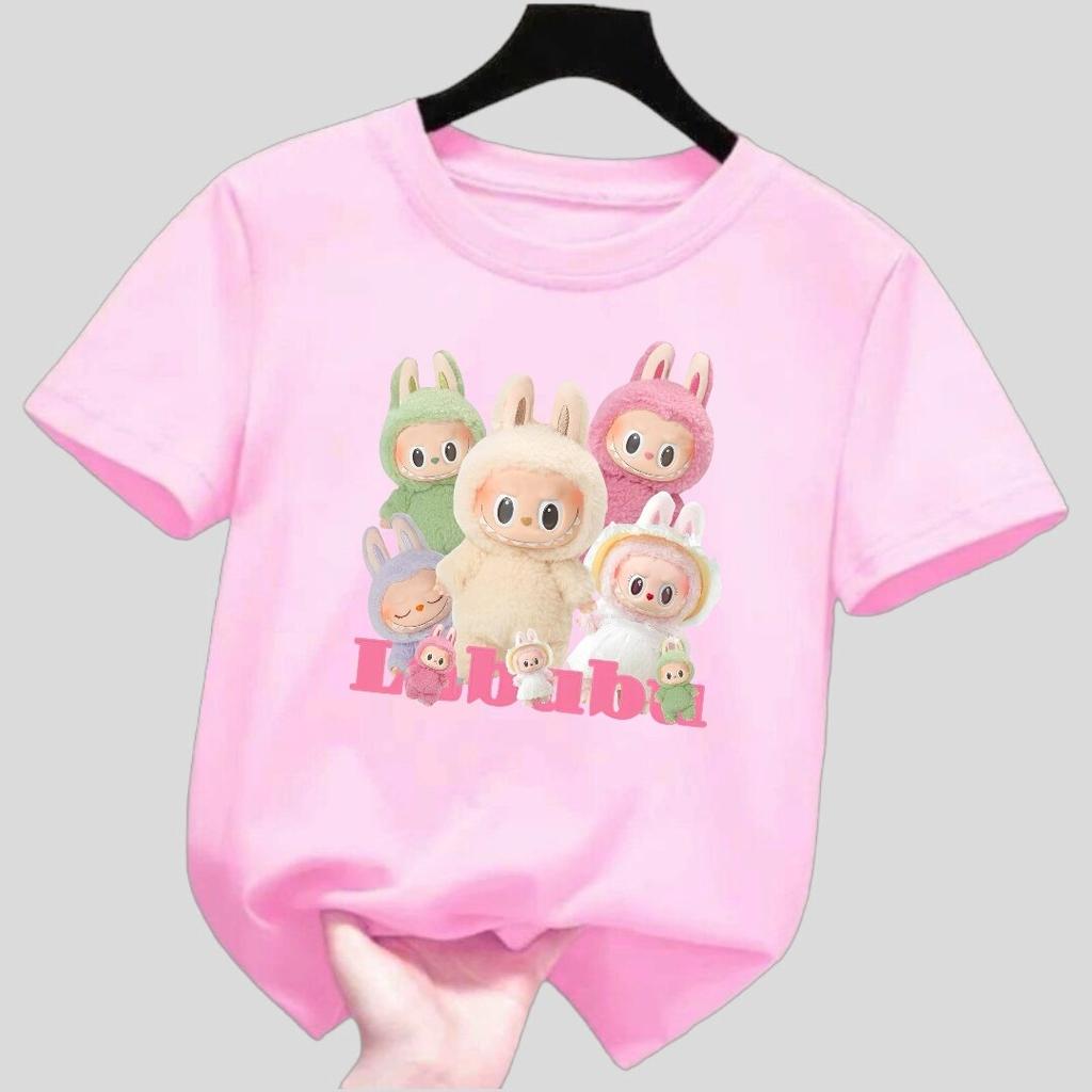 New Labubu Children's T-shirt with Multiple LABUBU Patterns Round Neck Short Sleeved Casual Versatile Girls' Top