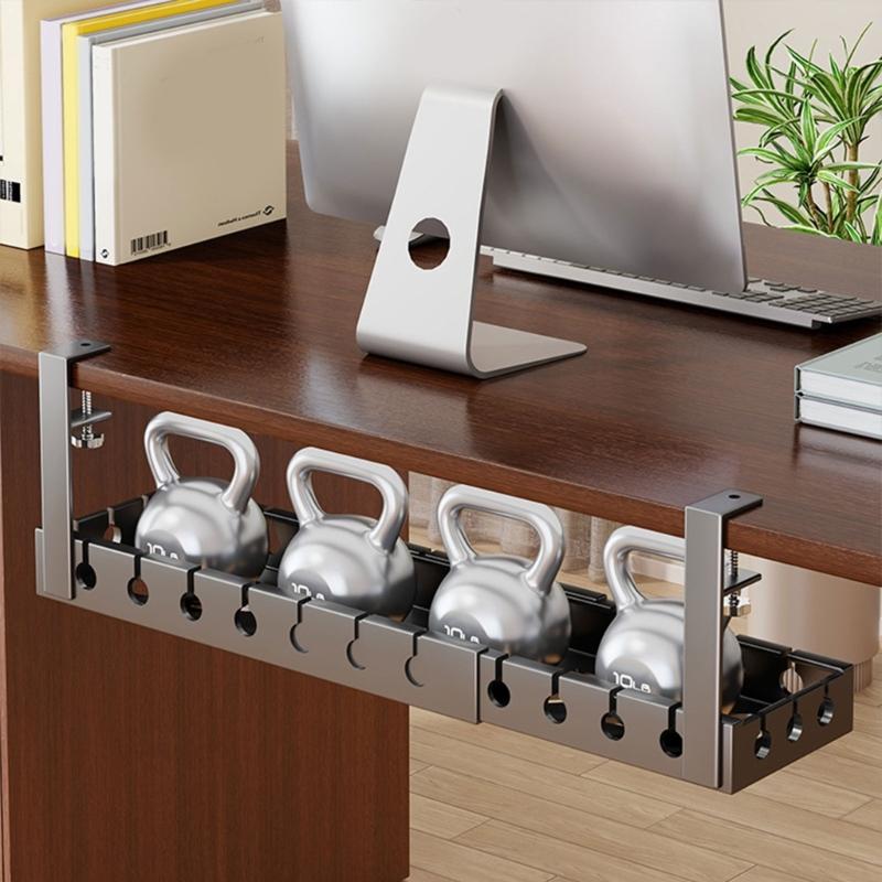 Under-Desk Cable Management Tray in Carbon Steel with Two Edge Clamps and Open Access, Extendable Power Strips Cord Holder for Stored Power