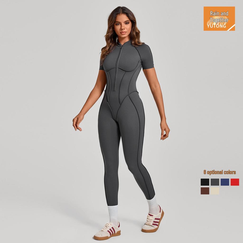 Women's Short-Sleeve Half-Zip Tummy-Control Yoga Jumpsuit