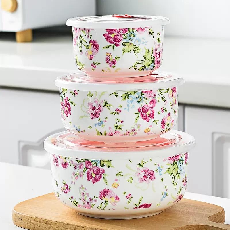 Three-piece Set, Bone China Food Container, Ceramic Salad Bowl, Lunch Box , Kitchen Ceramic Bowl Sets, Porcelain Mixing Bowl