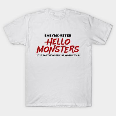 Men Black Print T-shirt Babymonster Hello Monster 2025 World Tour No-Cut Transfer Paper Print Cotton Tshirt