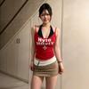 Sweet and Cool Hot Girls Contrasting Colors Hanging Neck Fake Two-piece Letter Printing Suspender Vest Women's Summer New Slim and Thin Top