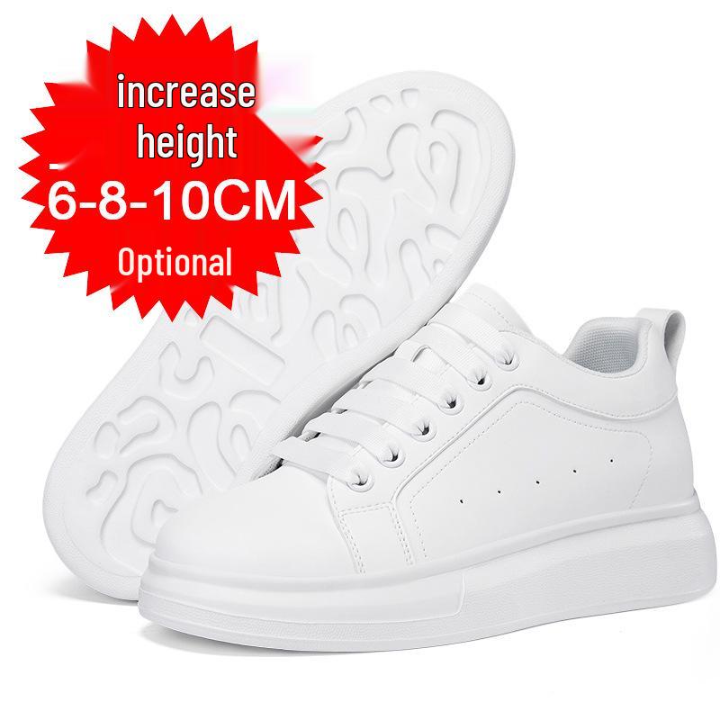 Men's White Height-Increasing Sneakers with Thick Sole, Invisible Inner Lift, and Casual Style, Large Sizes Available, 10cm Boost.