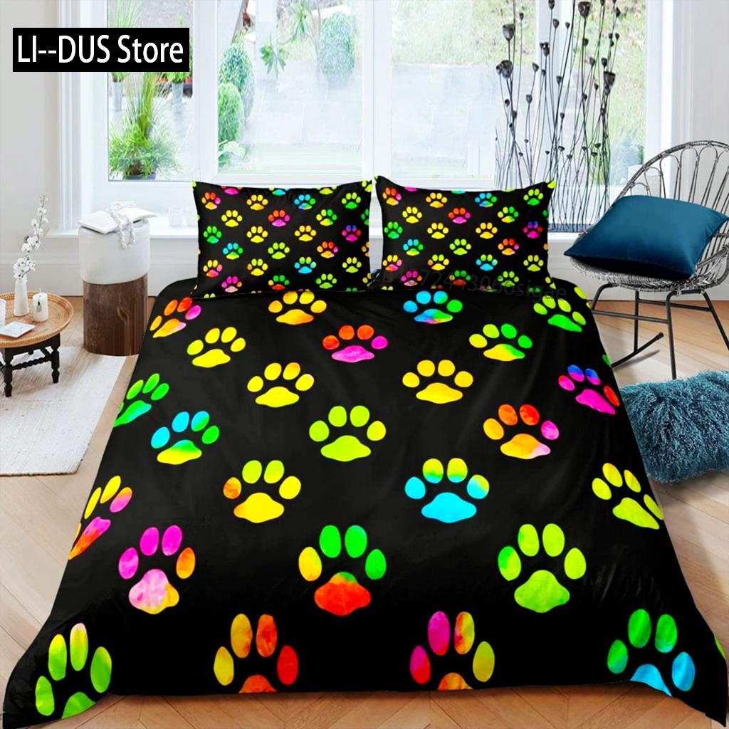 Footprint Duvet Cover Set Kids Watercolor Bedding Set Animal Footprints Colorful Puppy Paws Multicolor Graffiti Art Quilt Cover