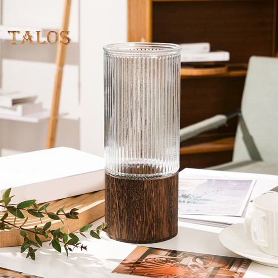 Klar Glass Sylinder Blomstervase med Trebunn Rustikk Bryllupsfest Spisebord Midtpunkt Hydroponisk Blomsterholder Gjennomsiktig Plantebeholder